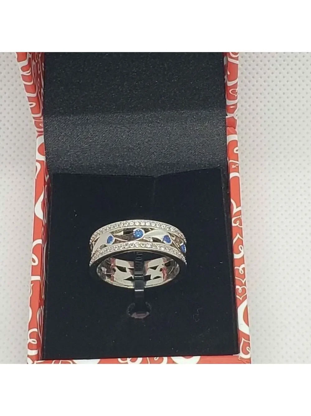 Brand New 18k White Gold Plated ring w/ cubic zirconia stones & blue gemstones